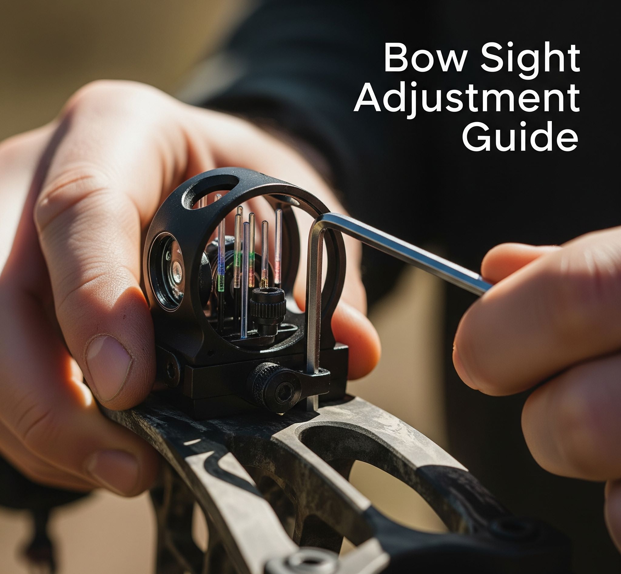 Bow sight adjustment showing windage and elevation controls with arrows indicating proper adjustment direction for accurate shooting