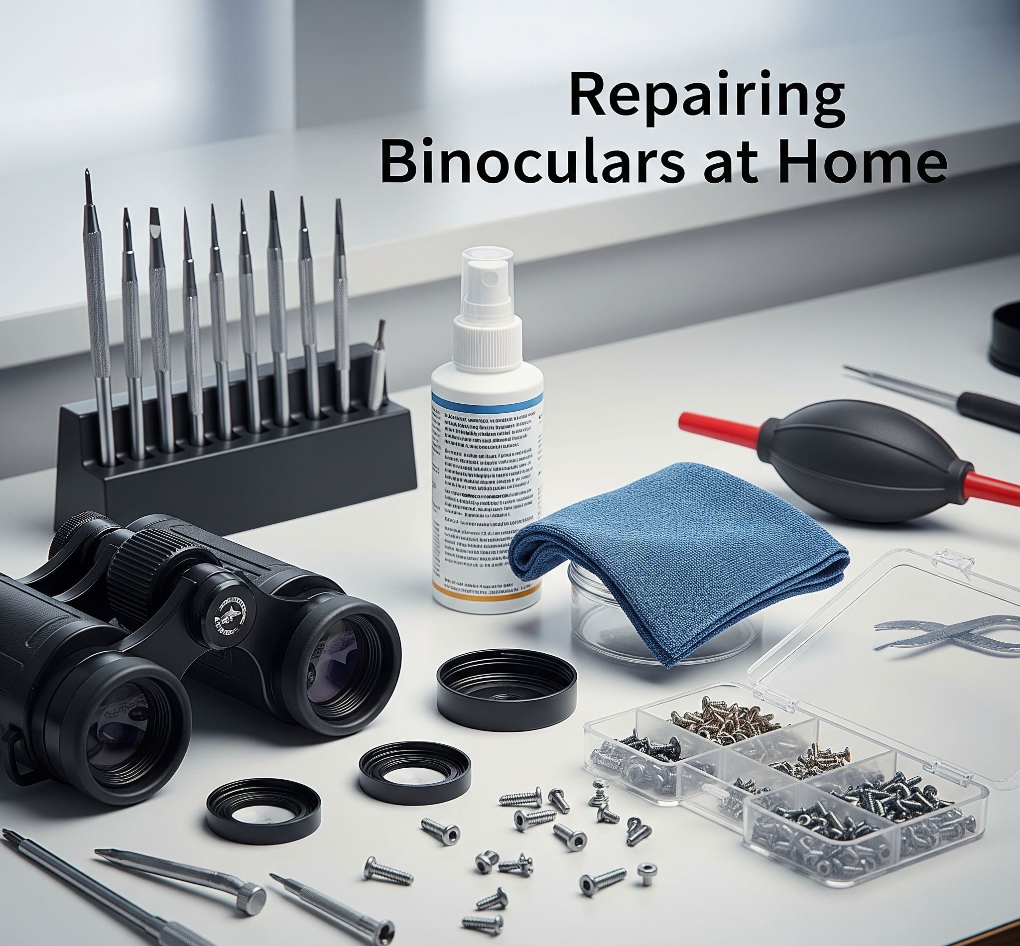 Binocular repair tools and disassembled binoculars on workbench