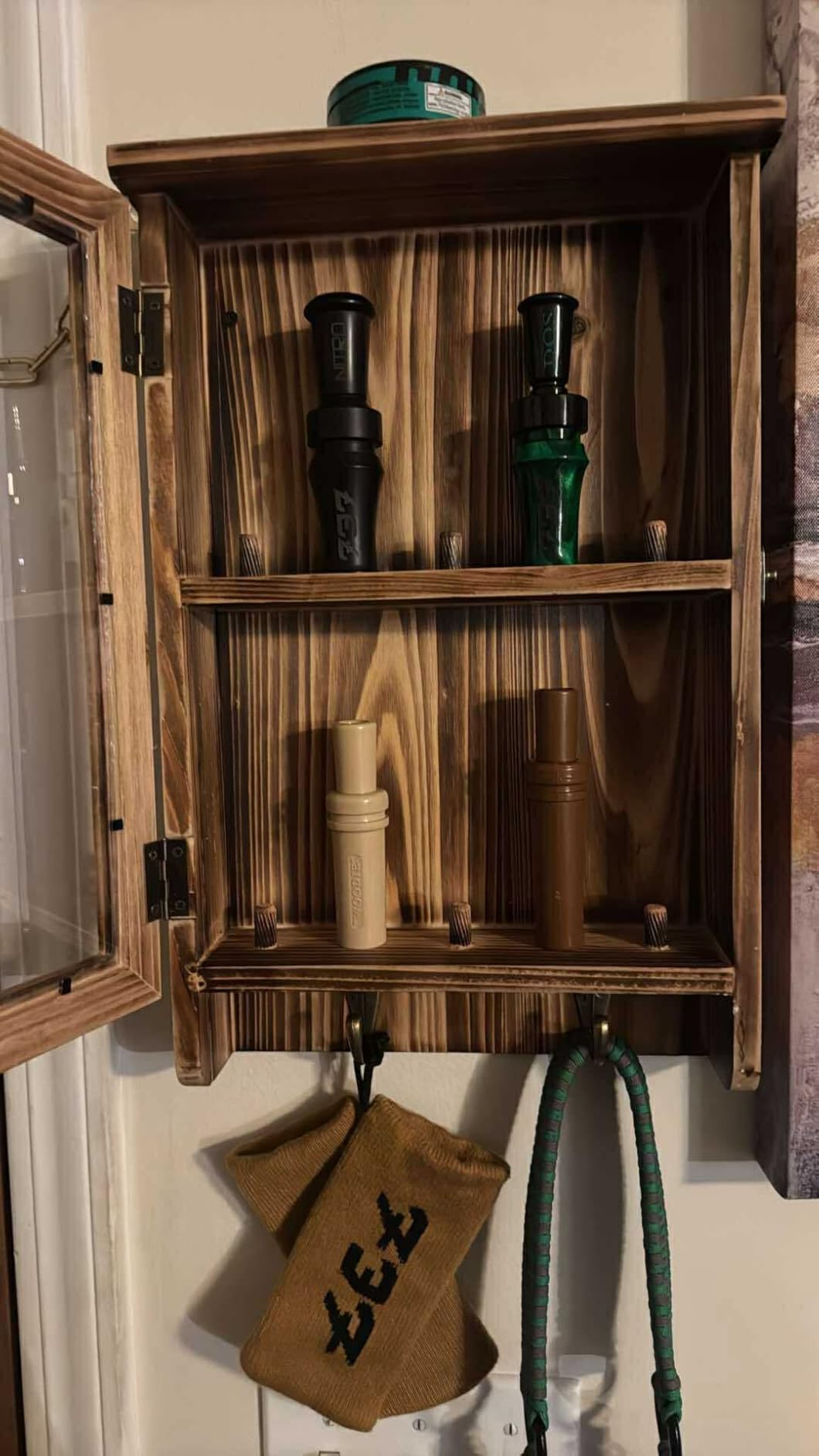 Duck Call and Lanyard Display Rack - Storage Case for 10 Duck Calls and 2 Duck Hunting Call Lanyards, Wall Mount Visible Duck Whistle Holder Shadow Box for Home Decoration, Wooden, 15.3