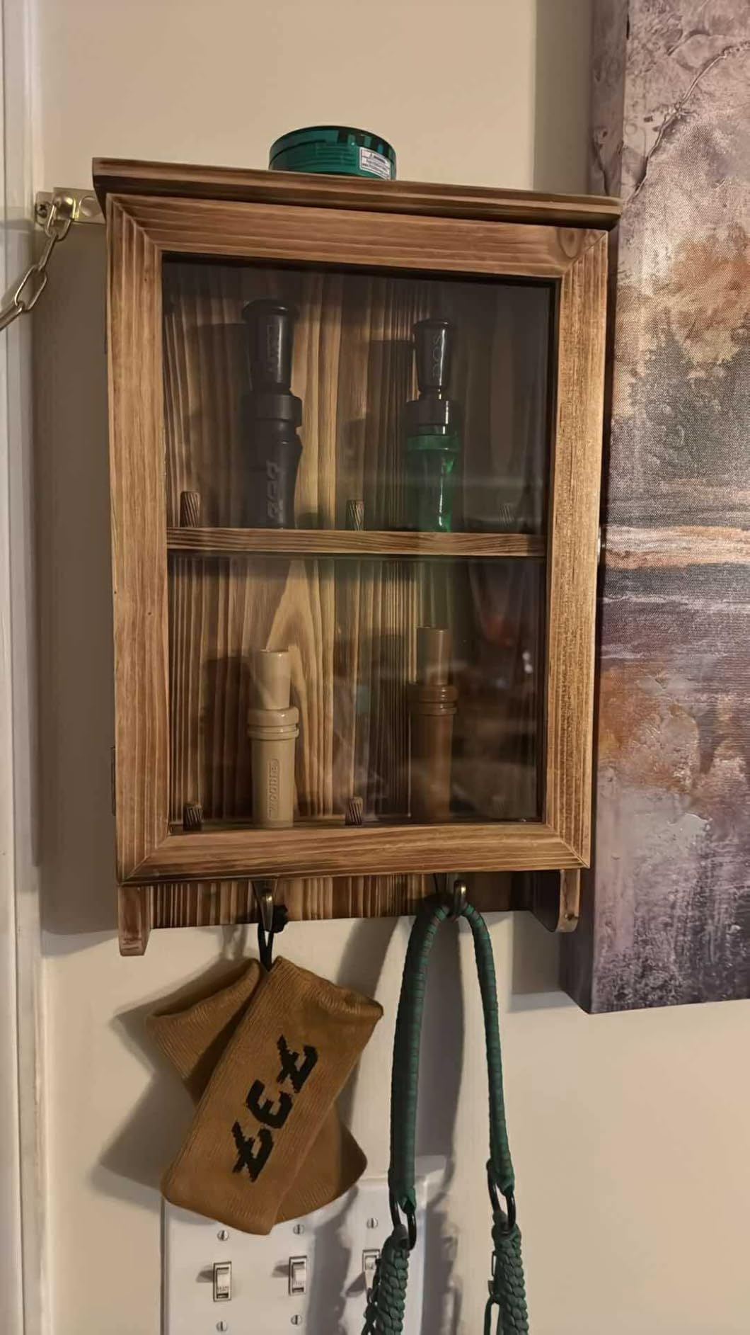 Duck Call and Lanyard Display Rack - Storage Case for 10 Duck Calls and 2 Duck Hunting Call Lanyards, Wall Mount Visible Duck Whistle Holder Shadow Box for Home Decoration, Wooden, 15.3