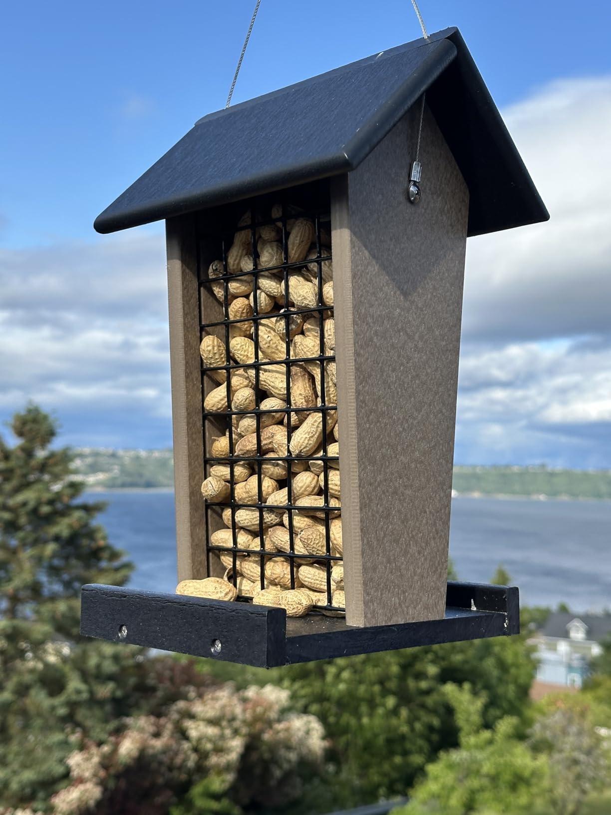 Plastic Poly Hanging Whole Peanut Bird Feeder for Large Birds, Woodpeckers, Crows, Blue Jays for Outdoor, Garden, Yard - USA Amish Made (Black & Weatherwood) - Customer Photo 1